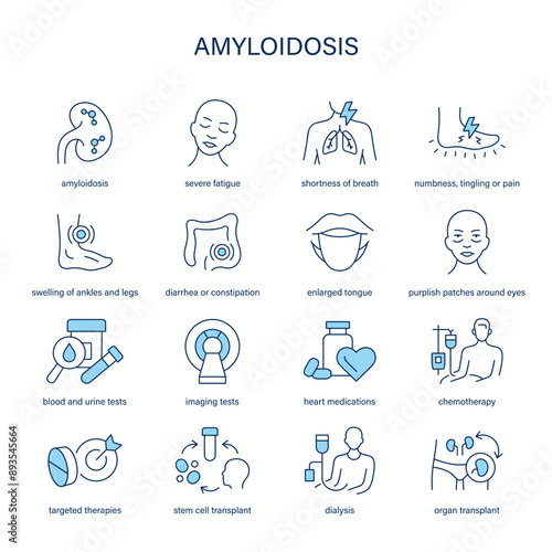 Amyloidosis symptoms, diagnostic and treatment vector icons. Medical icons.