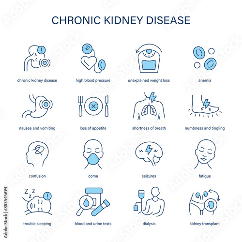 Chronic Kidney Disease symptoms, diagnostic and treatment vector icons. Medical icons.