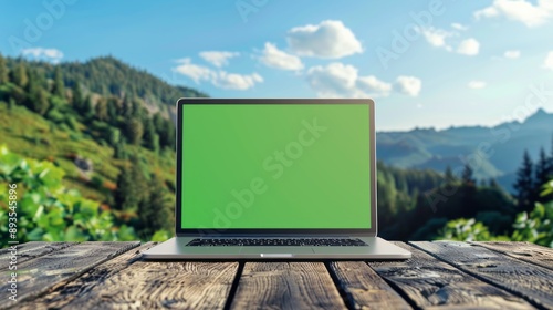 Mockup image of laptop with blank green screen on wooden table of landscape forested Mountain blue sky background.