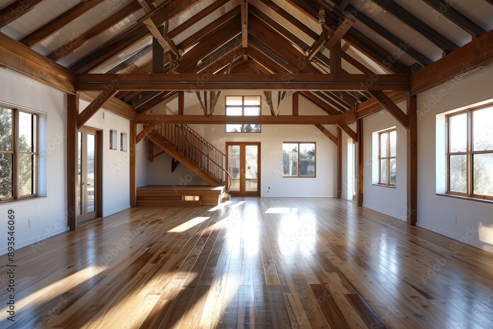 Interior of modern attic room with wooden beams and parquet floor Interior of modern attic room with wooden beams and parquet floor