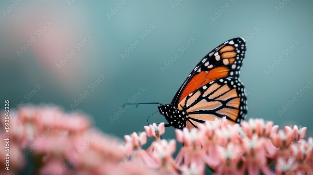 A vibrant monarch butterfly perched gracefully on delicate pink blossoms, capturing the beauty of nature and its intricate details in a soft and serene scene. A vibrant monarch butterfly perched gracefully on delicate pink blossoms, capturing the beauty of nature and its intricate details in a soft and serene scene.
