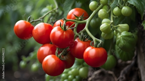 a solitary cluster of ripe, luscious red tomatoes on the vine