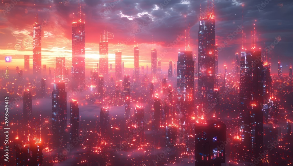 Fototapeta premium Futuristic Cityscape with Red and Pink Glow