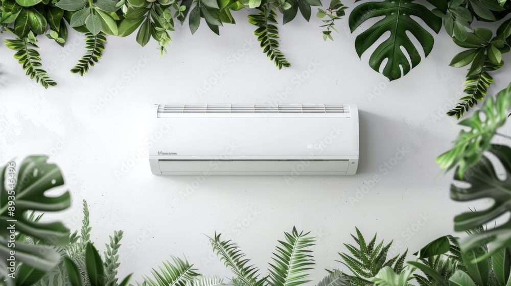 Modern air conditioner hanging on white wall surrounded by lush green plants