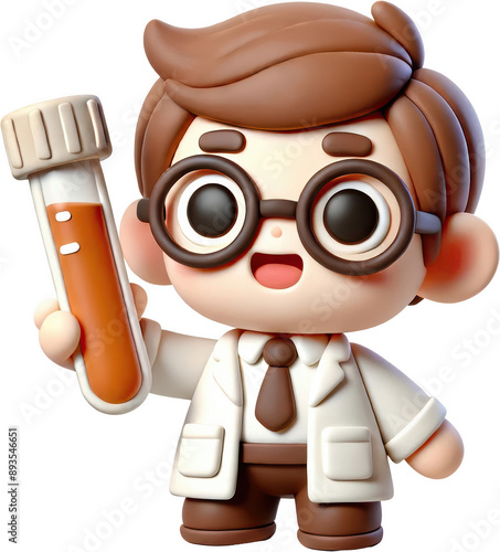 Lovable 3D clay scientist character holding a test tube, great for kids' future occupation themes.