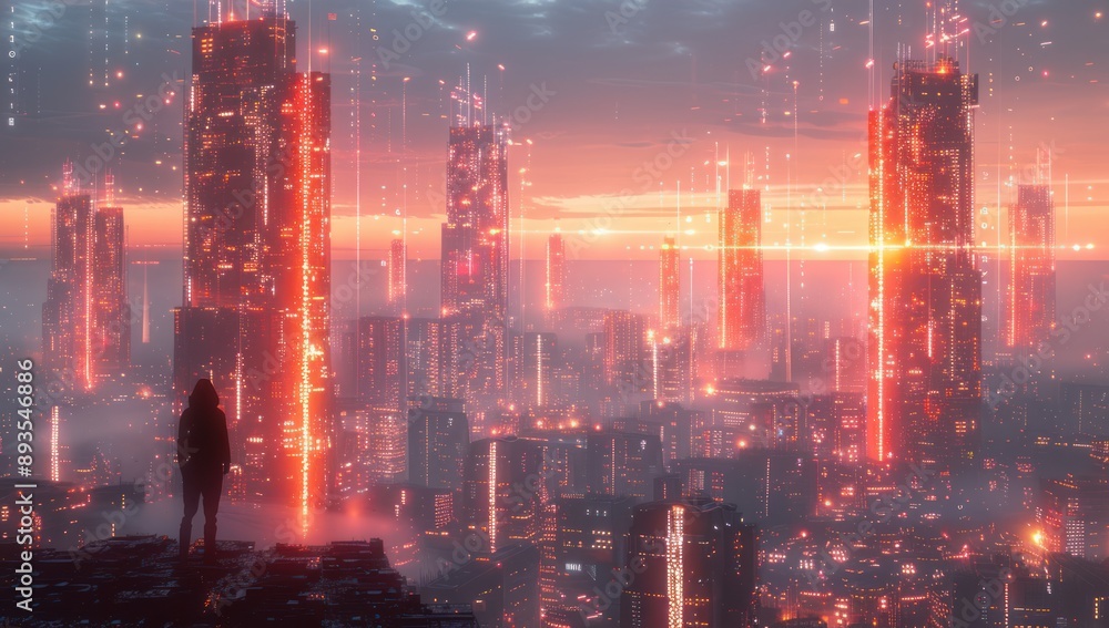 Obraz premium Cyberpunk Cityscape with a Solitary Figure