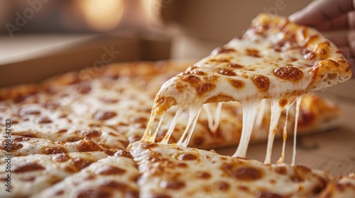 A close-up of a delicious cheese pizza slice being pulled from the pizza with stretchy, melted mozzarella cheese, perfect for advertising pizza restaurants or delivery services.