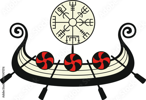stylized Viking ship drakkar with a sail in the form of a Scandinavian compass vegvisir