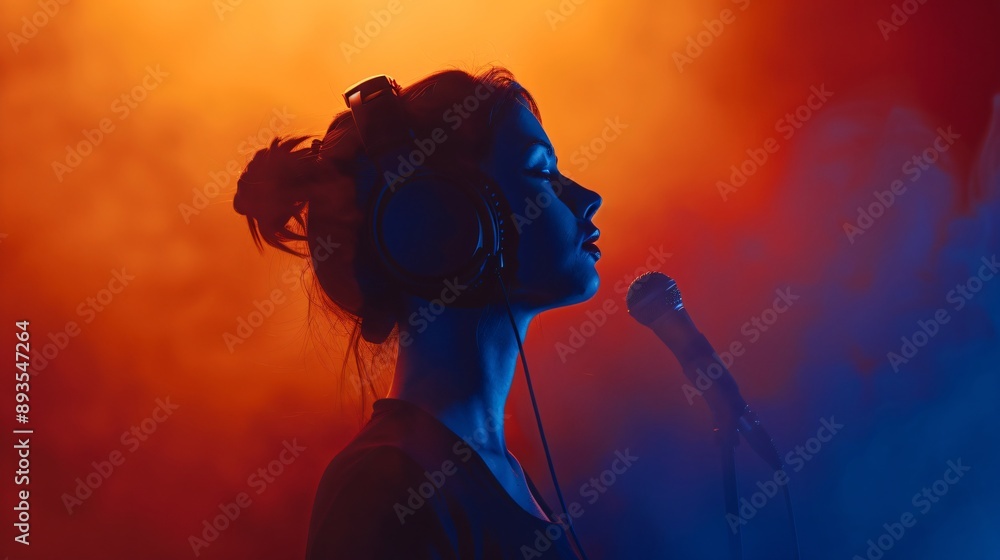 Silhouetted podcast host with glowing orange and blue smoke Silhouetted podcast host with glowing orange and blue smoke