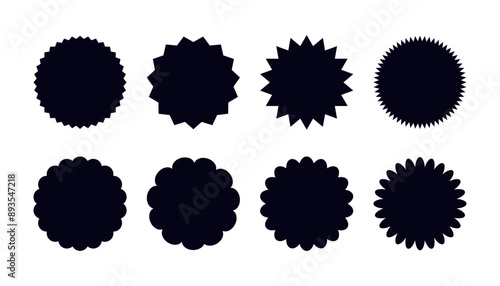 Round shapes with zigzag and scallop edges set. Silhouette stickers templates.