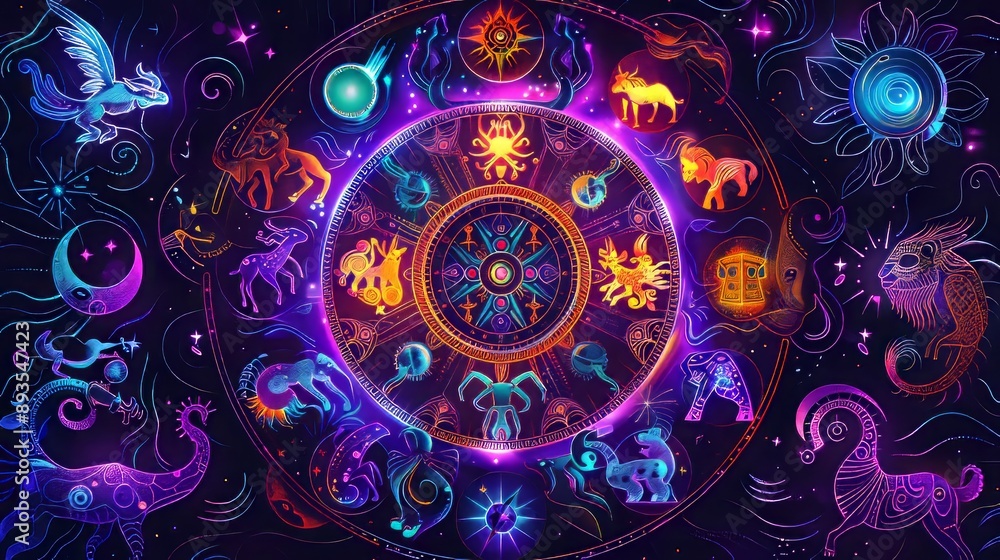 Fototapeta premium Astrological zodiac signs in a vibrant cosmic design