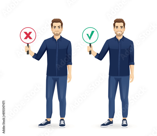 Young handsome man wearing blue shirt and jeans showing right and wrong sign. Positive and negative vector illustration isolated