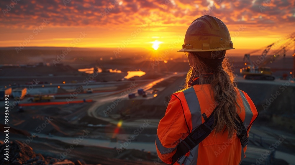 Female construction worker at sunset overlooking site Female construction worker at sunset overlooking site