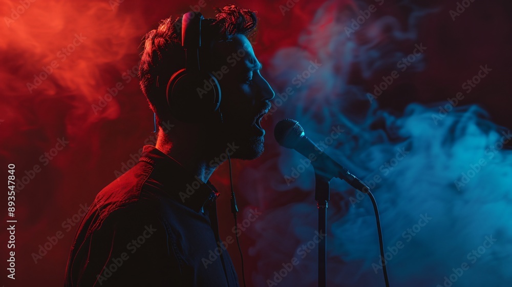 Silhouette of a podcast host with headphones, glowing red glow, charcoal gray background Silhouette of a podcast host with headphones, glowing red glow, charcoal gray background