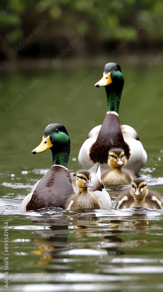 Obraz premium A mother mallard duck leads two young ducklings across the surface of a still pond, their dark feathers blending with the ripples in the water