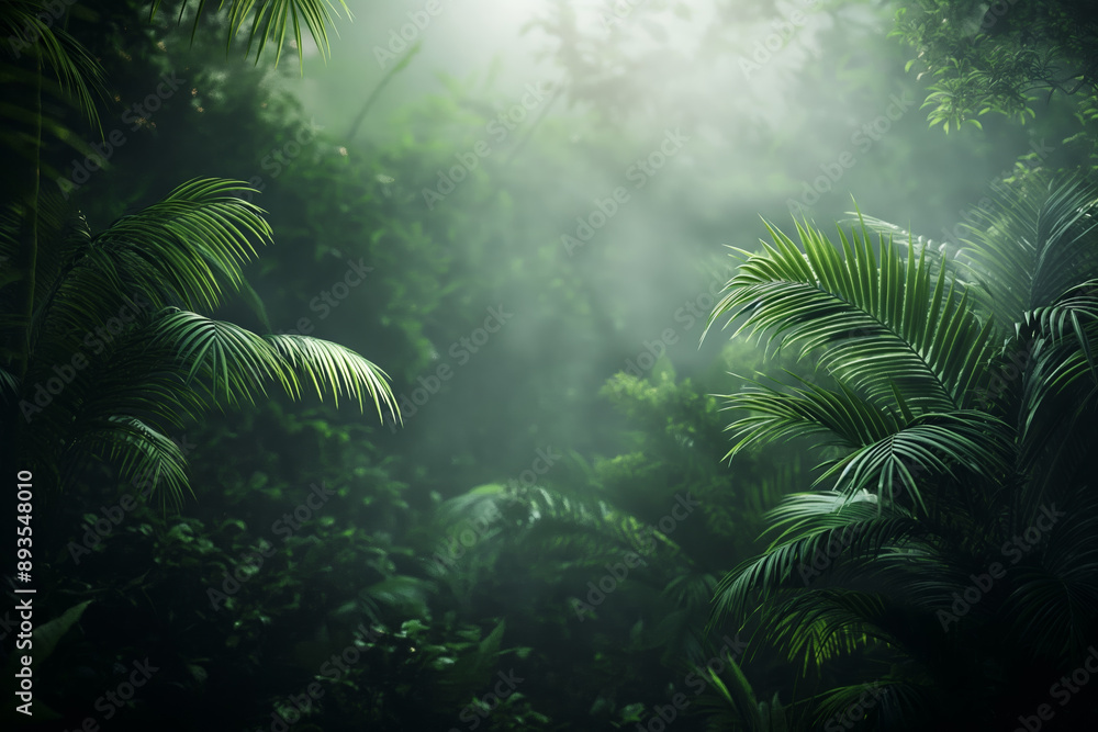 Lush Tropical Rainforest with Sunlight Beaming Through Dense Green Foliage Lush Tropical Rainforest with Sunlight Beaming Through Dense Green Foliage