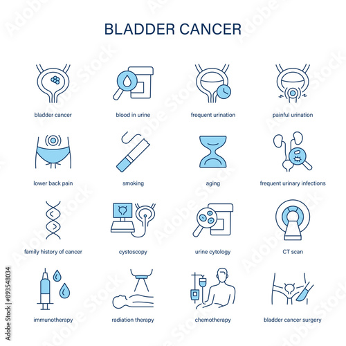 Bladder Cancer symptoms, diagnostic and treatment vector icons. Medical icons.