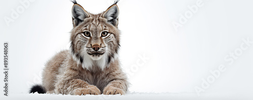 A Close-Up Portrait of a European Lynx Lying on a White Background photo