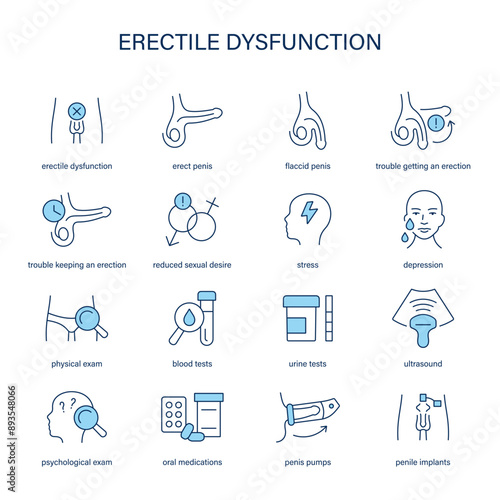 Erectile Dysfunction symptoms, diagnostic and treatment vector icons. Medical icons.