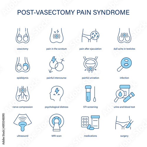 Post Vasectomy Pain Syndrome symptoms, diagnostic and treatment vector icons. Medical icons.