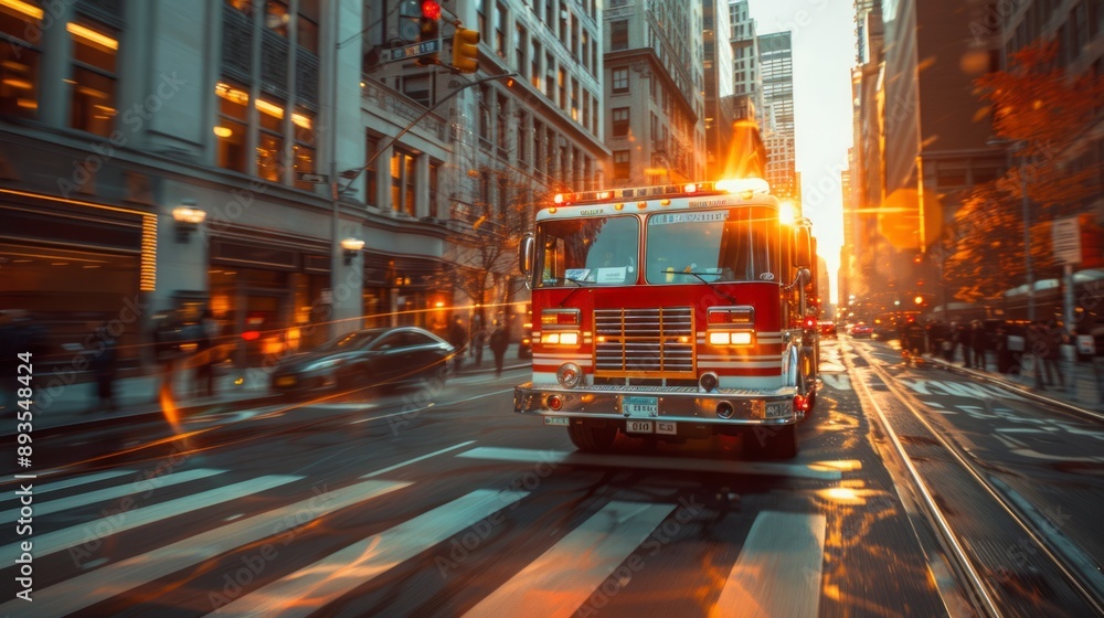Firetruck driving through a city street at sunset Firetruck driving through a city street at sunset