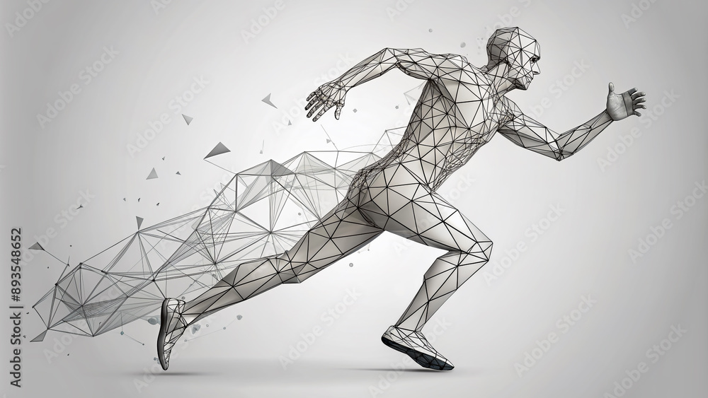 Fototapeta premium Stylized geometric male silhouette in motion, formed by abstract shapes and lines, on a clean white background, conveying dynamic movement and modern design.