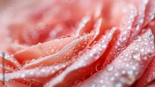 A detailed close-up of delicate pink rose petals covered with glistening water droplets, capturing the intricate textures and subtle shades of the petals.