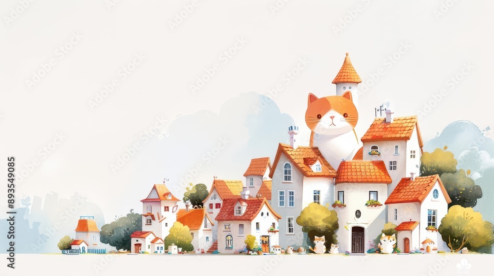 Obraz premium A whimsical village scene featuring charming houses and a giant cat, perfect for children's illustrations or playful designs.