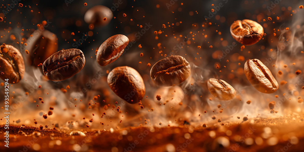 Dramatic close-up of coffee beans mid-air with sparks and a dark, vibrant backdrop, capturing the essence of energy and freshness. Dramatic close-up of coffee beans mid-air with sparks and a dark, vibrant backdrop, capturing the essence of energy and freshness.