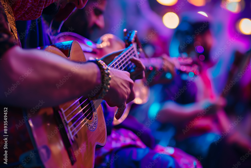 Fototapeta premium Musicians Playing Acoustic Guitars in Colorful Ambient Lighting During a Live Performance
