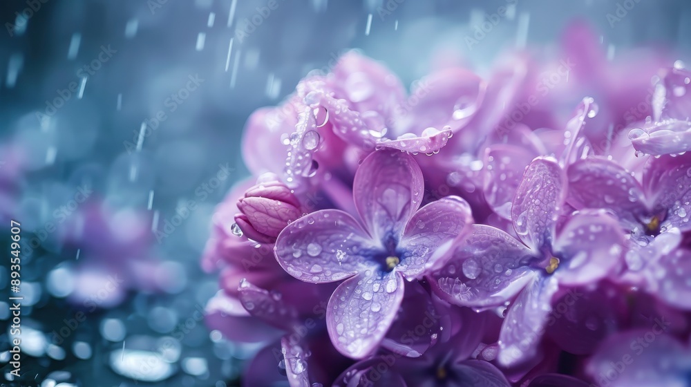 A macro shot of beautiful purple blossoms getting soaked in rain, featuring detailed water droplets and a soft, dreamy background to enhance the scene's tranquility. A macro shot of beautiful purple blossoms getting soaked in rain, featuring detailed water droplets and a soft, dreamy background to enhance the scene's tranquility.