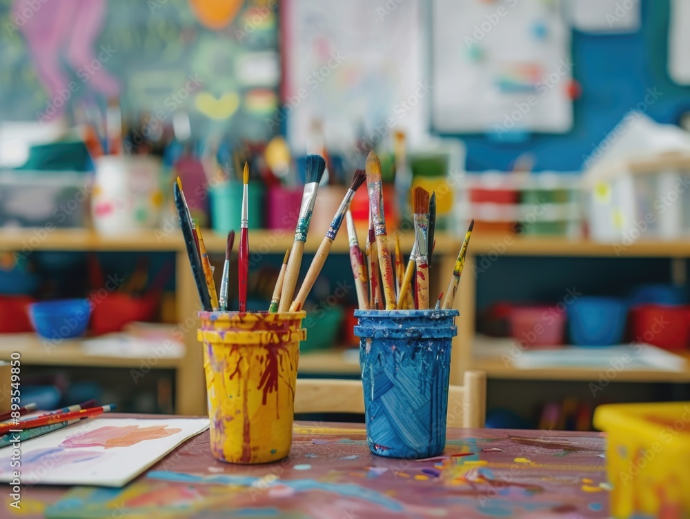 A collection of paint brushes arranged neatly on a table, perfect for an art studio or workshop A collection of paint brushes arranged neatly on a table, perfect for an art studio or workshop