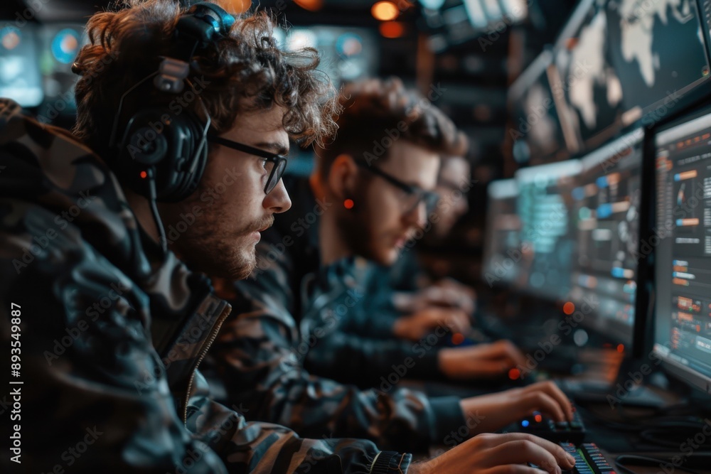 In a dark room filled with multiple monitors and advanced equipment, a team of gamers intensely focuses on a high-stakes competitive eSport event, showcasing collaboration and strategy. In a dark room filled with multiple monitors and advanced equipment, a team of gamers intensely focuses on a high-stakes competitive eSport event, showcasing collaboration and strategy.