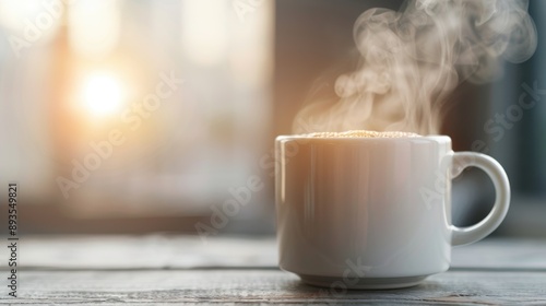 A white cup of coffee with steam rising, placed on a wooden table, bathed in warm sunlight. The serene morning ambiance sets a calm and tranquil mood. photo