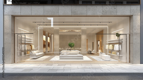 A luxury boutique storefront with a minimalist design, showcasing elegant apparel and inviting interiors through large glass windows.