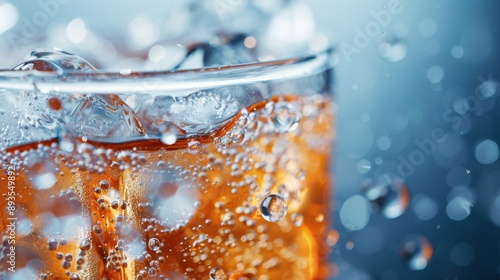 A beautifully captured shot of an iced amber drink featuring a play of bubbles and light within a clear glass, providing a sense of cool refreshment. photo