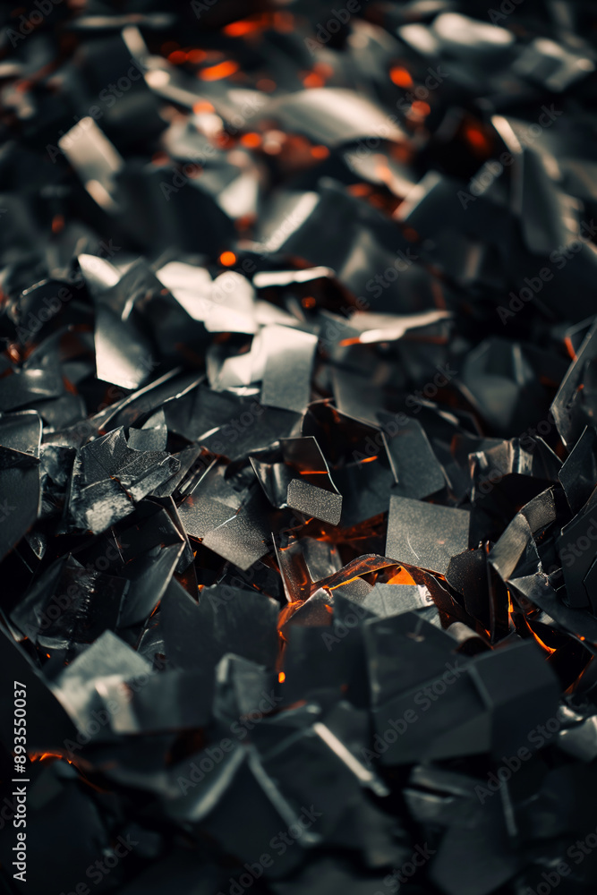Fototapeta premium Abstract Close Up of Shimmering Metallic Fragments with Glowing Fiery Background