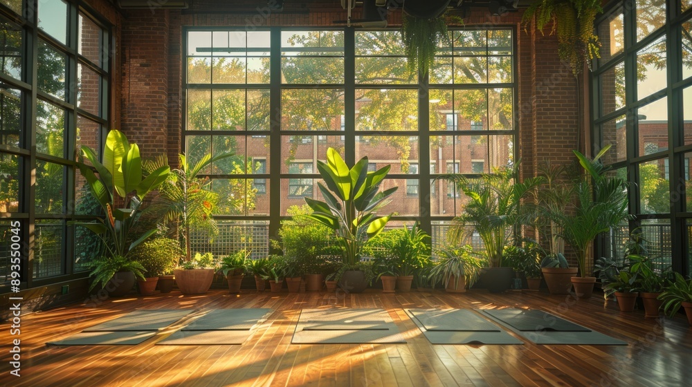 Fototapeta premium Tranquil Yoga Studio with Abundant Natural Light and Greenery