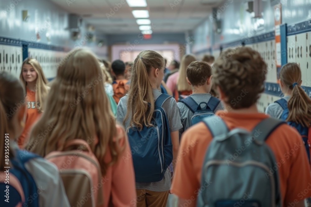 A bustling school hallway filled with students carrying backpacks, representing a typical school day and the hustle of transitioning between classes, social interactions, and learning. A bustling school hallway filled with students carrying backpacks, representing a typical school day and the hustle of transitioning between classes, social interactions, and learning.