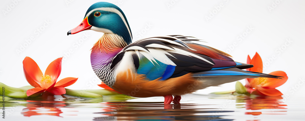 Fototapeta premium Colorful Mandarin Duck Swimming in a Pond 