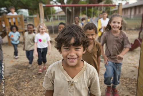 Happy children with bright smiles engage in playful activities at a cheerful playground, capturing the joy and excitement of outdoor playtime and camaraderie.