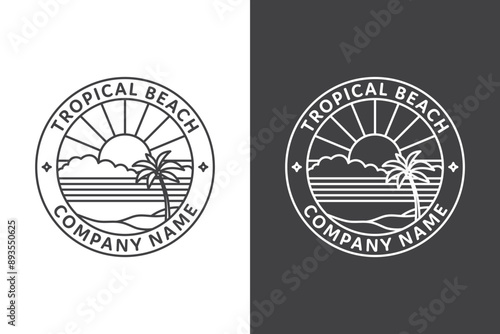 Tropical beach theme line art logo with palm trees
