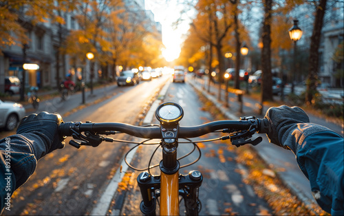 rider riding a bicycle on the streets, with a mounted sports camera 