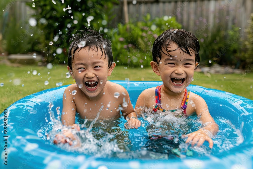 Two young children, a boy and a girl, are laughing and splashing joyfully in a small, blue inflatable pool in a backyard, enjoying a refreshing summer day together. Two young children, a boy and a girl, are laughing and splashing joyfully in a small, blue inflatable pool in a backyard, enjoying a refreshing summer day together.