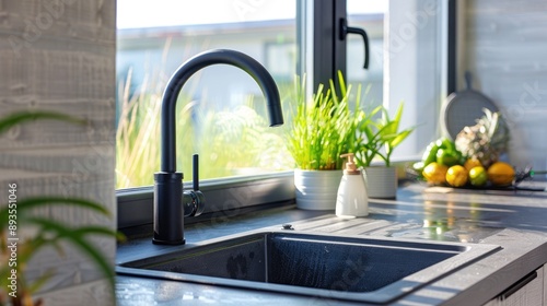 Modern black faucet, kitchen sink with concrete counters, and green grass