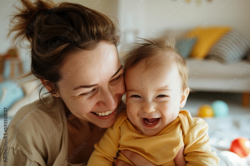 A mother in beige and her baby in yellow share an affectionate embrace, both smiling brightly and radiating happiness, in the warmth and comfort of their home environment. A mother in beige and her baby in yellow share an affectionate embrace, both smiling brightly and radiating happiness, in the warmth and comfort of their home environment.