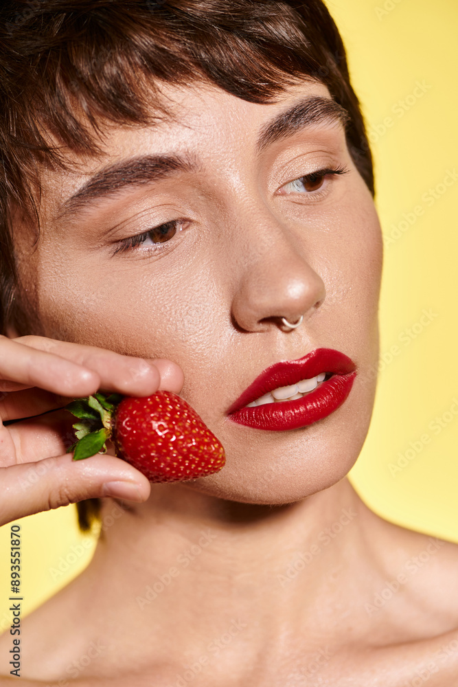 A young woman embraces a luscious strawberry against her cheek, radiating bliss. A young woman embraces a luscious strawberry against her cheek, radiating bliss.