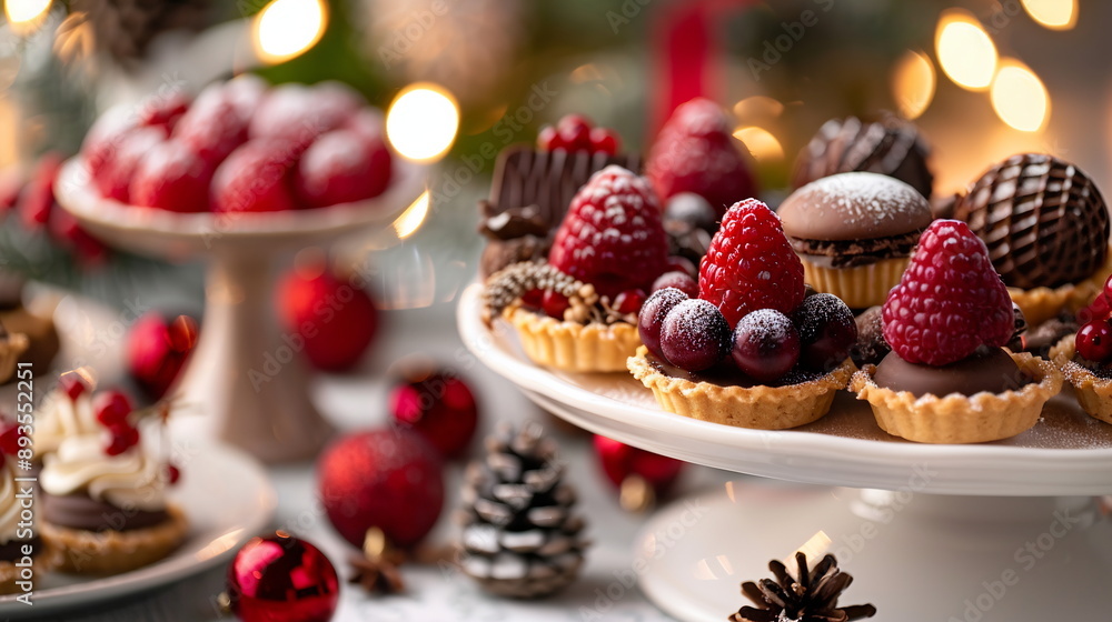 A festive Christmas dessert table with an assortment of treats, including mini fruit tarts topped with glazed berries, chocolate truffles, and macarons. Festive atmosphere of Christmas and New Year A festive Christmas dessert table with an assortment of treats, including mini fruit tarts topped with glazed berries, chocolate truffles, and macarons. Festive atmosphere of Christmas and New Year
