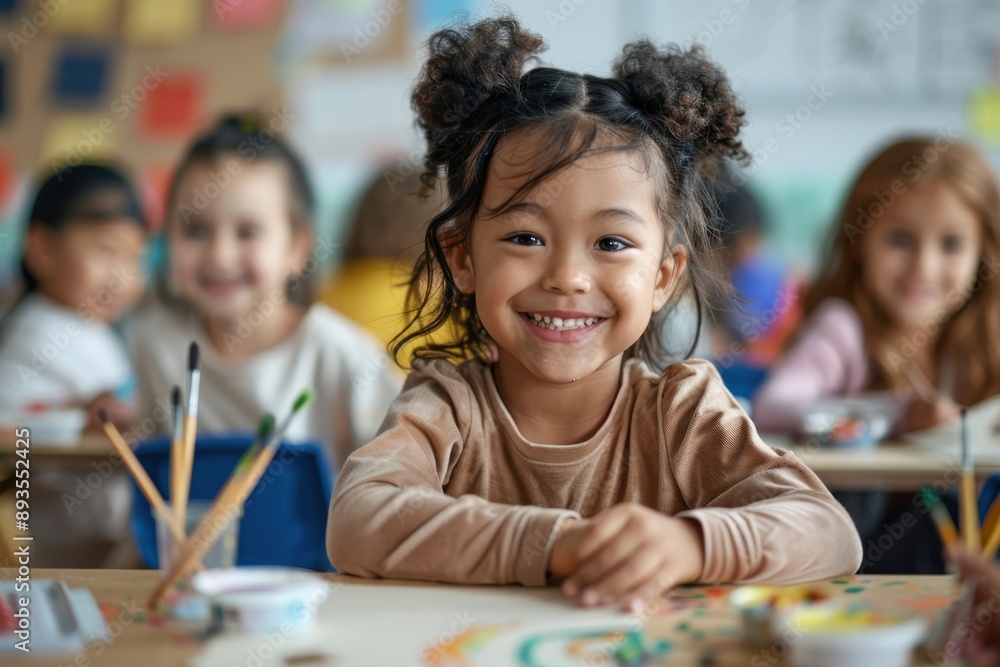 Young girl with pigtails smiling brightly, engaged in an art activity in a classroom filled with other children and art supplies, exemplifying joy and creativity in learning. Young girl with pigtails smiling brightly, engaged in an art activity in a classroom filled with other children and art supplies, exemplifying joy and creativity in learning.