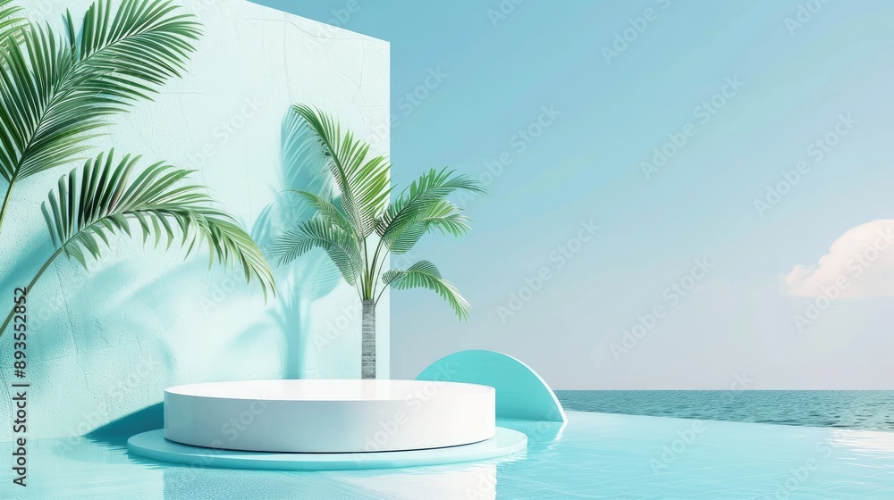 Fototapeta premium 3D render of a minimal summer background with an empty podium for product display, beach swim elements.